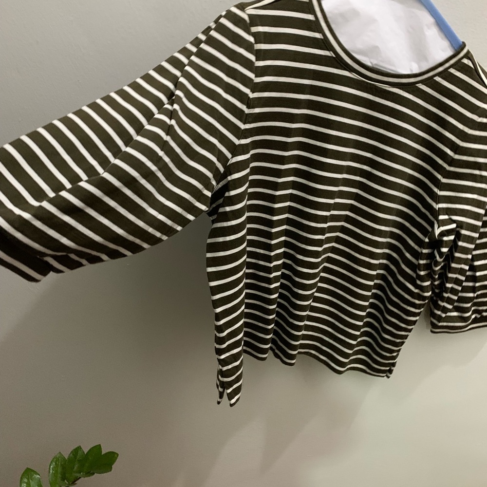 Forest green and white striped shirt.